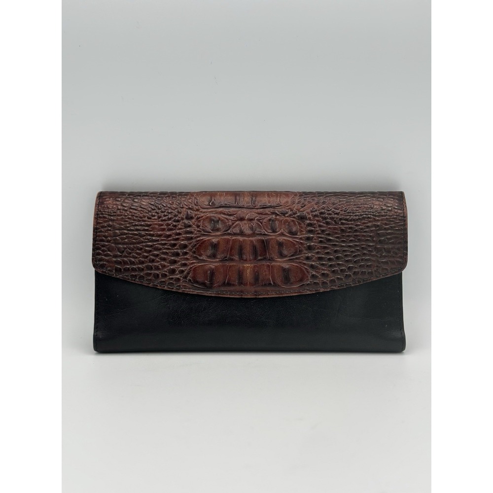 Brahmin Black Leather Crocodile Embossed Tri-Fold Credit‎ Card Checkbook Wallet